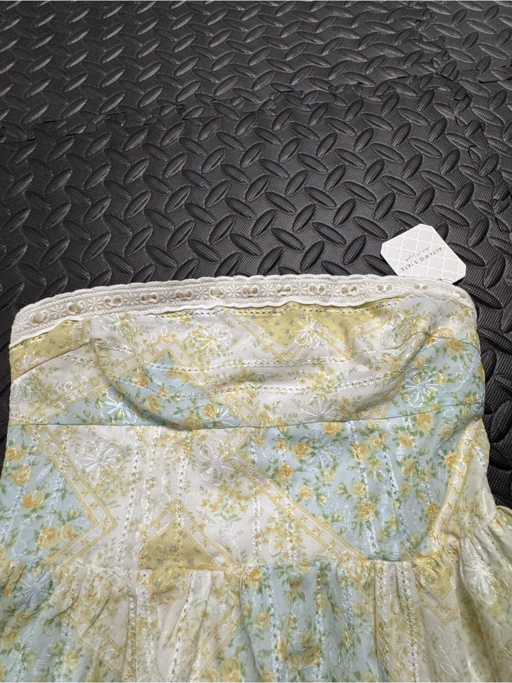 Altar’d State Floral Strapless Mini Dress Eyelet Lace Yellow Blue XS - Picture 9 of 13